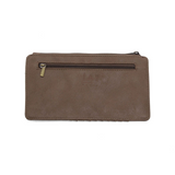 This slim and sleek wallet has nine credit card pockets, each with a snap tab for security and brass-plated hardware. It also features an ID window, a zippered change pocket, and a zippered billfold pocket in taupe vegan leather.


DIMENSIONS: 3.75 IN. H X 7.25 IN. W X .25 IN. D&nbsp;


100% Vegan leather (polyurethane)
