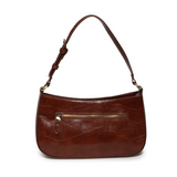 The sleek pecan Erin Hobo will compliment your look for the office or your next night out. Fashioned in glossy croc embossed vegan leather, this sophisticated bag closes with a brass zipper to keep your belongings secure and is accented with burnished brass rings that open to allow you to change the shoulder straps. Two shoulder straps are included with this stylish Hobo, a short strap to carry close to the body or a long strap to carry as a shoulder bag or as a crossbody. Both straps are adjustable and rem