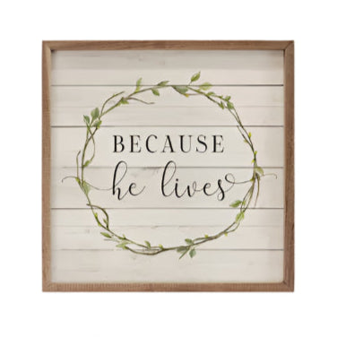 Get ready for Easter with this beautiful mini sign!  On a whitewashed wooden background is a small green wreath with the words 