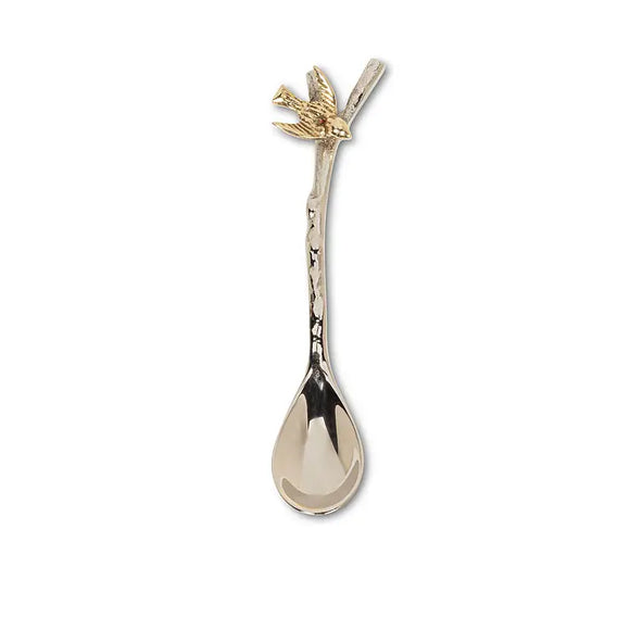 Let your entertaining take flight with this charming Bird on Branch Small Spoon. Crafted out of brass, this silver-coloured spoon features a unique, branch-shaped handle accented with an detail-rich golden bird perched at the branch's fork for an elegant complement way to serve anything from caviar to olives, tapenades and more.

4.5 x 1 x 0.5 in