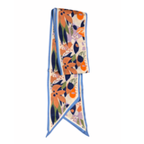 This colorful scarf has a bright white background with a turquoise blue blorder and a copper, bright navy, orange, green, red and lavender floral pattern. Wear it around your neck, use it as a hair tie or, it also is fun tied to your favorite bag!

Approximately 57" L x 5.25" W

100% Polyester