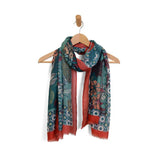 A beautiful boho scarf in turquoises with accent of golds, blues, purples and a crimson border!

180" L x 90" W

100% Polyester