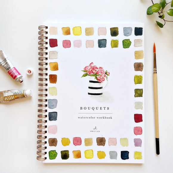 Watercolor workbooks are just like a coloring book, but with watercolor! Enjoy this peaceful hobby on your own, with kids, and with friends. Makes a wonderful gift. Perfect for artists of any age. This Bouquets book has beautiful illustrations of floral arrangements for you to paint!

12 beginner-friendly, lightly sketched illustrations

Simple step-by-step instructions and example

Lay flat spiral pages for easy painting

Durable 120 lb watercolor paper

Travel ready 6.5 inch x 9 inch size