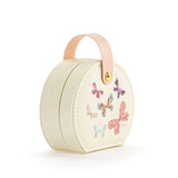 A beautiful gift for yourself or a friend, this traveling jewelry case is cream with a pink strap closure and six beautiful butterflies on the front. Inside there is room for your jewelry for a short weekend or a couple of weeks!

Foam, metal, paper, polyester fiber, polyurethane

2.5" h x 4.5" w x 4.5" d
