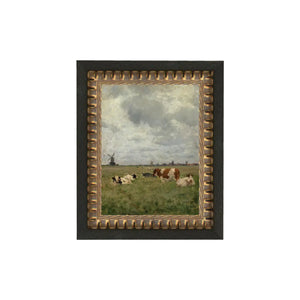 What a calm &amp; serene scene - cows in the pasture with windmills in the background with a beautiful cloud-filled sky! We know that you'll find lots of places to put this little artwork!&nbsp;Printed on premium canvas fabric for a lasting, textured finish and has a handcrafted black frame with gold dots that adds a classic charm.&nbsp; Comes with a paper backing and hanging hardware for easy installation.

Made in the USA: Proudly crafted with quality and care.&nbsp;

Care Instructions: Keep canvas dry to