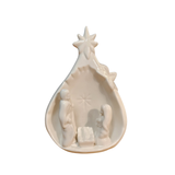 This white ceramic depiction of the Nativity will be come your favorite decoration for the season! Mary, Joseph and the Christ child are in front of a pear-shaped background with the star of Bethlehem on top.

approximately 4.5" W x 6.75" H

Ceramic