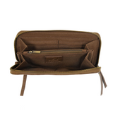 Cool, stylish, and organized, too! This cocoa wallet has it all! 12 credit card pockets, 2 change pockets, and 2 billfold pockets, all wrapped in lush tumbled vegan leather, lined with rugged washed canvas, and accented with our new Joy Logo zipper pull. The removable strap lets you carry it as a compact wristlet, too!



Dimensions: 7.75 in. W x 4 in. H x .5 in. D

Full Zip-Around Closure

Exterior Zip Pocket on Spine

Removable Wristlet Strap

12 Credit Card Pockets

2 Billfold Pockets

Interior Zipper

C