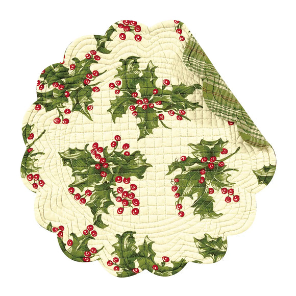 Decked with boughs of holly, the Holly Cream placemat is part of the quintessential holiday table. Designed in collaboration with artist April Cornell, this timeless style reverses to a green with red and cream plaid pattern.  Finished with a scalloped edge, this tabletop collection is crafted of 100% cotton and hand-guided machine quilting.

Machine wash cold and tumble dry low for easy care.

17