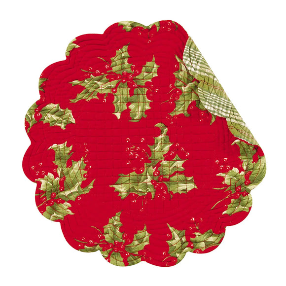 Decked with boughs of holly on a festive red ground, the Holly Red placemat is part of the quintessential holiday table. Designed in collaboration with artist April Cornell, this timeless style reverses to a green with red and cream plaid pattern. Finished with a scalloped edge, this tabletop collection is crafted of 100% cotton and hand-guided machine quilting.

Machine wash cold and tumble dry low for easy care.

17