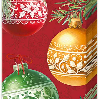 Decorative Christmas ornaments on a red background