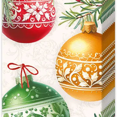 Red, gold and green Christmas ornaments are on a cream background.

4 PLY - 10 paper tissues per package

4