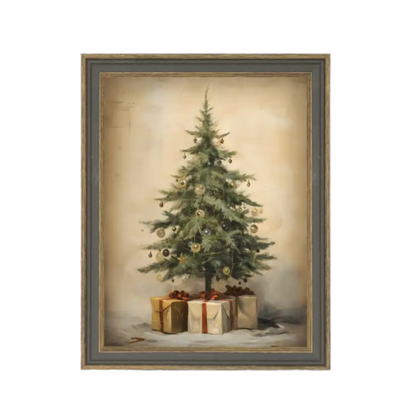 This Christmas tree has gold and white wrapped presents with red bowx underneath. This artwork is printed on high-quality canvas and elegantly presented in a handcrafted ornate frame.

Made in the USA: Proudly crafted with quality and care. 

Care Instructions: Keep canvas dry to maintain its quality. If smudged or dirty, gently wipe with a dry, soft cloth.