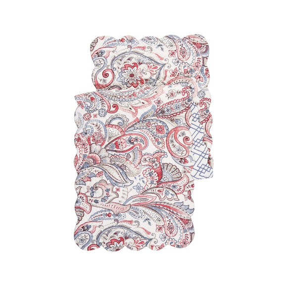 Our Claiborne Paisley runner has a modern colorful take on a traditional paisley design in a beautiful faded blue, red and grey. For a fresh touch, reverse to a white background with a blue geometric diamond pattern on the back.   Finished with a scalloped edge, this tabletop collection is crafted of 100% cotton and hand-guided machine quilting.

Machine wash cold and tumble dry low for easy care.

14