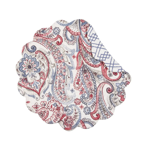 Our Claiborne Paisley runner has a modern colorful take on a traditional paisley design in a beautiful faded blue, red and grey. For a fresh touch, reverse to a white background with a blue geometric diamond pattern on the back. Finished with a scalloped edge, this tabletop collection is crafted of 100% cotton and hand-guided machine quilting.

Machine wash cold and tumble dry low for easy care.

17