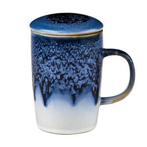 You will love this beautiful blue 16 oz tea infuser mug in.&nbsp;The handcrafted reactive glaze design gives the mugs an artisan appearance. Each piece in unique and different. Just like a cloud. Made from premium stoneware, the interior of the mug is glossy white which allows you to see the color and strength of your tea. Each mug comes with an extra-fine mesh stainless steel tea infuser which provides excellent water flow and plenty of room for the tea leaves to expand and brew. The infuser also has our t