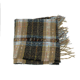This scarf has a gorgeous coffee colored brown, blue and black madras plaid with fringe on the ends, perect to wrap up in this season!

180" L x 63" W

100% Polyester