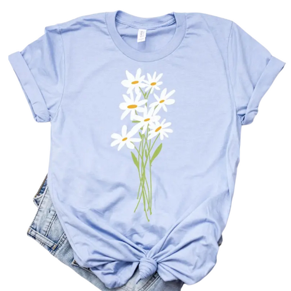 This sweet daisy tee is the perfect t-shirt for summer! It has a bundle of seven white daisies gathered in the center on the prettiest shade of periwinkle blue.

Printed on a Bella Canvas T-shirt. Made in the USA