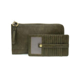 The Karina combines sleek styling with uber organization in beautiful antique-looking dark olive colored vegan leather! The ultimate in versatility, this bag can be worn as a crossbody, carried as a clutch or as a wristlet.&nbsp; The included bonus wallet with credit card slots, id windows, zippered change pocket, and billfold will keep you organized on the go and can be carried separately!


MAIN BAG: 9"H x 6"W x 1"D



Removable and adjustable crossbody strap 21"-26" with lobster claw clasps

Removable lo
