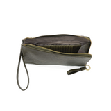 The Karina combines sleek styling with uber organization in beautiful antique-looking dark olive colored vegan leather! The ultimate in versatility, this bag can be worn as a crossbody, carried as a clutch or as a wristlet.&nbsp; The included bonus wallet with credit card slots, id windows, zippered change pocket, and billfold will keep you organized on the go and can be carried separately!


MAIN BAG: 9"H x 6"W x 1"D



Removable and adjustable crossbody strap 21"-26" with lobster claw clasps

Removable lo