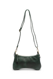 Meet Nicolette, our sleek, curvy evergreen colored crossbody pochette with a minimalist style. Featuring soft sculptural curves in tumbled vegan leather, this bag is closed with a brass zipper that encloses 3 interior compartments to keep your cards, cash, keys and phone stowed neatly. The gleaming brass rings open to swap out the two included shoulder straps. A short strap for dressier looks and a longer adjustable crossbody strap when you want to go hands free. Available in an array of beautiful colors, t