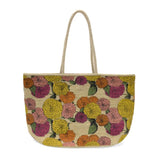 How does your garden grow? Very well with this beautiful tote embellished with a delicate pattern of chrysanthemums in fresh, bright, summery colors. The floral pattern has been hand painted and accented by dark green shoulder straps to give this all-natural jute fiber tote an earthy vibe.

Dimensions: 12 in. H x 19 in. W x 8 in. D
Open topShoulder straps: 10 in. drop
100% Natural Jute with hand painted flower pattern
Unlined