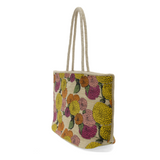 How does your garden grow? Very well with this beautiful tote embellished with a delicate pattern of chrysanthemums in fresh, bright, summery colors. The floral pattern has been hand painted and accented by dark green shoulder straps to give this all-natural jute fiber tote an earthy vibe.

Dimensions: 12 in. H x 19 in. W x 8 in. D
Open topShoulder straps: 10 in. drop
100% Natural Jute with hand painted flower pattern
Unlined