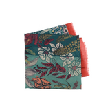 A beautiful boho scarf in turquoises with accent of golds, blues, purples and a crimson border!

180" L x 90" W

100% Polyester