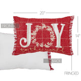 Celebrate the season with this rectangular cotton pillow features a festive red fabric base with the phrase "Joy To The World" across the front. The "O" is creatively designed as an embroidered wreath in light creme thread, accented with delicate pearl beads that add a subtle touch of shimmer. The letters "J" and "Y" are crafted from a white and tan stripe applique fabric, offering a cozy, homespun feel that complements rustic and primitive holiday themes. Fringed edges provide a classic, finished look that