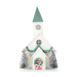 Create merry tablescapes or countertop displays with this charming Christmas church. The sturdy cardboard-constructed church will become the focal point of your Christmas village display. Glitter galore and snow accents are sure to bring holiday spirit to your celebrations this December.

House is 5.5" wide x 6" deep x 10" tall&nbsp;

Includes battery-powered light inside.&nbsp;

Requires 2 AAA batteries. Please keep out of reach of small children