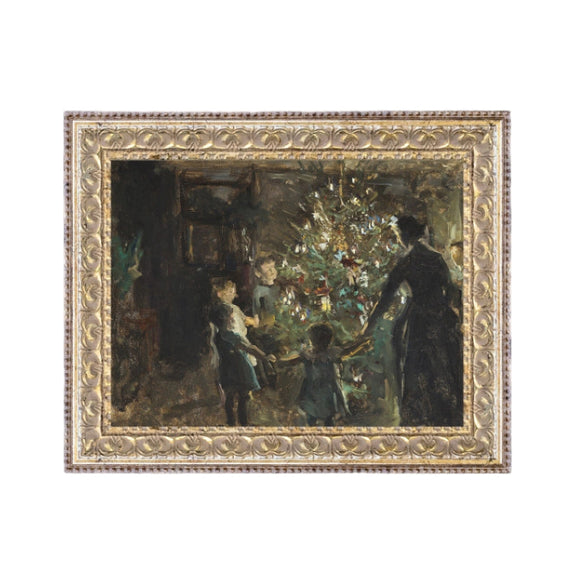 A gourgeous picture of a mother and her children holding hands around the Christmas tree will set the mood for the holiday. It is a lovely piece of art to add to your gallery wall, or as a little accent on your table or shelf. This artwork is printed on high-quality canvas and elegantly presented in a handcrafted ornate frame.

Made in the USA: Proudly crafted with quality and care. 

Care Instructions: Keep canvas dry to maintain its quality. If smudged or dirty, gently wipe with a dry, soft cloth.