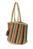 Let's get ready for summer with this all-natural jute tote with a rainbow of stripes all around! This roomy tote is perfect to carry your summer essentials to the beach, the farmers market or wherever your next adventure leads!


Product Details
Dimensions: 12 in. H x 20 in. W x 12 in. D
Shoulder strap drop: 11 in.
Natural jute fiber
Unlined
Wood bead tassel