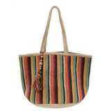 Let's get ready for summer with this all-natural jute tote with a rainbow of stripes all around! This roomy tote is perfect to carry your summer essentials to the beach, the farmers market or wherever your next adventure leads!


Product Details
Dimensions: 12 in. H x 20 in. W x 12 in. D
Shoulder strap drop: 11 in.
Natural jute fiber
Unlined
Wood bead tassel