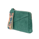 Retro styling crafted in antiqued vegan leather gives this fun jungle green-colored clutch a vintage vibe. The removable woven wrist strap is the finishing touch on this stylish bag so you can wear it as a wristlet, a clutch, or a crossbody with the included removable shoulder strap!





6.75"H x 9.75"W x 2.25"D

Removable and adjustable crossbody strap 22"-26"

Removable long wristlet strap 7.5" long

Zippered top closure

Interior zippered pocket

Exterior back zipper pocket

Brass plated hardware

100% 