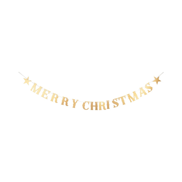 Celebrate the season in style with our Merry Christmas Glitter Chipboard Banner! This sparkling banner adds elegant festive charm to any holiday party or cozy gathering. Crafted with shimmering glitter details, it brings a joyful and dazzling touch to your Christmas decor.

Die cut chipboard banner with glitter that is strung on velvet ribbon. Pieces are approximately 4.5
