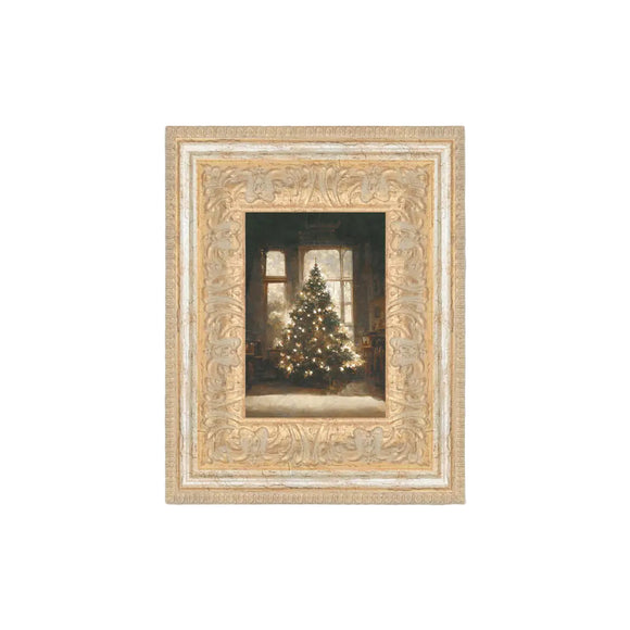 We are obsessed with these mini works of art! This beautifuly framed print of a glowing Chrsitmas tree will be a lovely piece of art to add to your gallery wall, or as a little accent on your table or shelf. This artwork is printed on high-quality canvas and elegantly presented in a handcrafted ornate frame.

Made in the USA: Proudly crafted with quality and care. 

Care Instructions: Keep canvas dry to maintain its quality. If smudged or dirty, gently wipe with a dry, soft cloth.