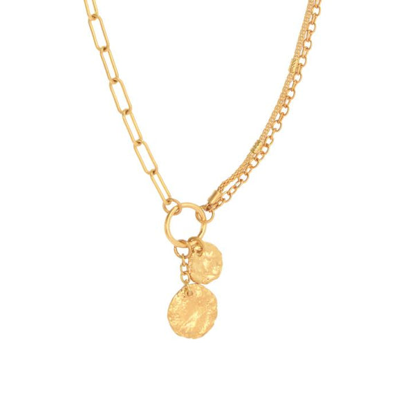 This pretty necklace has three different types of linked gold chains with a lobster clasp on this 16+ chain. There is a silver ring at the bottom that holds two shiny gold discs, one larger than the other. 

The necklace is 8.75