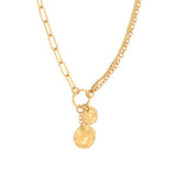 This pretty necklace has three different types of linked gold chains with a lobster clasp on this 16+ chain. There is a silver ring at the bottom that holds two shiny gold discs, one larger than the other.&nbsp;

The necklace is 8.75" from the top of the clasp to the bottom of the longest disk