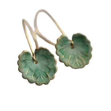 These leaf earrings are brass charms with some amazing detail, which have been carefully treated, painted and varnished to bring out beautiful tones and depth of colour and to show the incredible veining and other details of the metal. They are designed to be reminiscent of the beautiful, softly coloured lily pads found in Art Nouveau paintings.

The ear wires are made from solid brass.