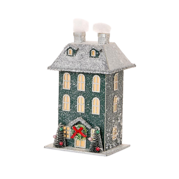 Create a cozy winter wonderland with our battery opperated cardboard village house! This house has a silver snow covered roof and a silver base with two trees beside the snow covered dark green house. With silver accented windows on the front and sides, it will bring a warm glow to your home this year!

Battery operated (included)

6.75