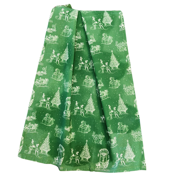 This pretty tea towel has lovely white holiday scenes on a green background.  You'll find designs of stockings hung on a shelf, packages beside a beautiful decorated front door, a sleigh with gifts and rabbits, a box with a puppy doming out, a pretty holiday tablescape and two girls skating in front of a Christmas tree.

27