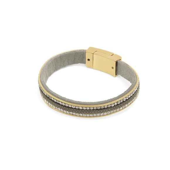 You'll love how easy it is to put this magnetic clasp bracelet on and take off!  This bracelet has a grey leather band in the center surrounded with a two rows of crystal strands on either side.

Approximately 3/8