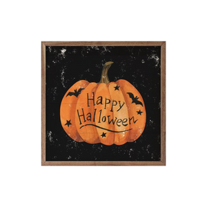 A bright orange pumpkin sits on a black background with the words "Happy Halloween" on it, along with black bats and stars.&nbsp;