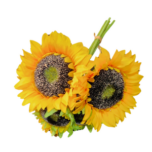 Put a bouquet of SUNSHINE inside or outside of your home or porch with our sunflowers! There are 5 sunflowers in carrying sizes in each bouquet.  Approximately 15" long, and the sizes of the sunflowers range from approximately 3" to 7"