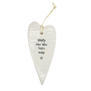 "happy ever after begins today" White Porcelain Heart Ornament

2 1/2" W x 5 1/4" H