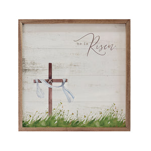 Get ready for Easter with this beautiful mini sign!&nbsp; On a whitewashed wooden background is a cross with a bit of white fabric draped on it on the left, with the words "He is Risen" to the right.

This unique piece is a simple way to bring beauty and charm to any wall or shelf within the home. It is made from high-quality American hardwood planks with a hand-painted face, printed with UV-cured ink, and is framed in a natural walnut frame. Each piece is unique with its own personality, marks, wood grain,