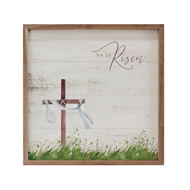 Get ready for Easter with this beautiful mini sign!  On a whitewashed wooden background is a cross with a bit of white fabric draped on it on the left, with the words 