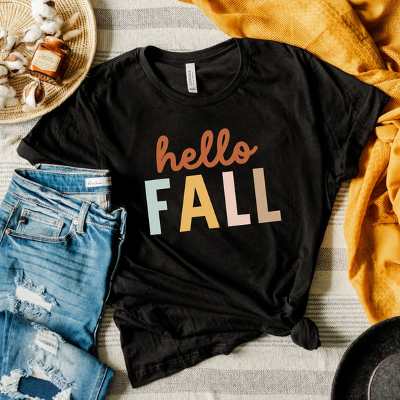 Hello, FALL! Celebrate the season with this very fun black T-shirt. It says 