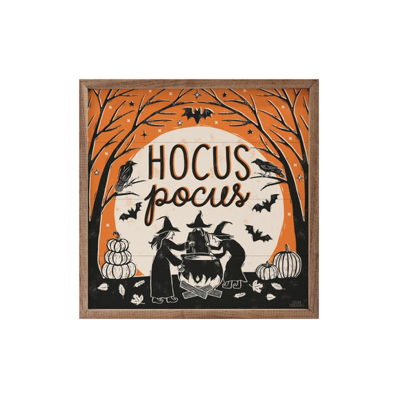 Three witches are stirring their cauldron underneath the moon, surrounded by pumpkins, spooky trees, crows, and bats. Above them are the words 