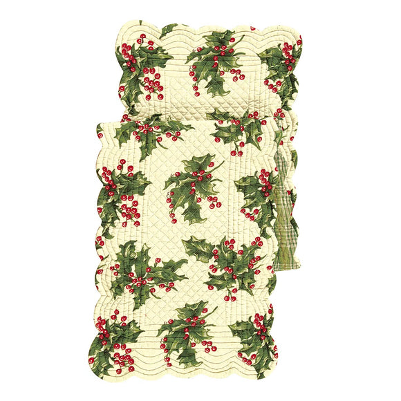 Decked with boughs of holly on a creamy winter white ground, the Holly Cream tabletop collection is part of the quintessential holiday tablescape. Designed in collaboration with artist April Cornell, this timeless style reverses to a green with red and cream plaid pattern. Perfect for decorating your home for the holidays, but versatile enough for the winter, it showcases a scalloped edge and hand guided stitching , proving once and for all that small details can make a big difference.   

Machine