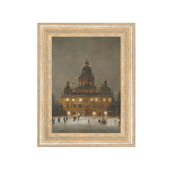 A stunning picture of a snowy night in front of a lit golden building as people are skating in the front. It is a lovely piece of art to add to your gallery wall, or as a little accent on your table or shelf. This artwork is printed on high-quality canvas and elegantly presented in a handcrafted ornate frame.

Made in the USA: Proudly crafted with quality and care. 

Care Instructions: Keep canvas dry to maintain its quality. If smudged or dirty, gently wipe with a dry, soft cloth.